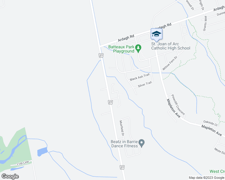 map of restaurants, bars, coffee shops, grocery stores, and more near 17 Crew Court in Barrie