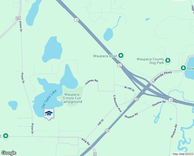 map of restaurants, bars, coffee shops, grocery stores, and more near E2438 Holmes Road in Waupaca