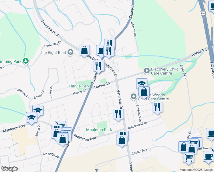map of restaurants, bars, coffee shops, grocery stores, and more near 229 Harvie Road in Barrie