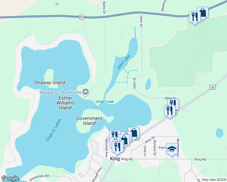 map of restaurants, bars, coffee shops, grocery stores, and more near E1724 Pine Ridge Lane in Waupaca