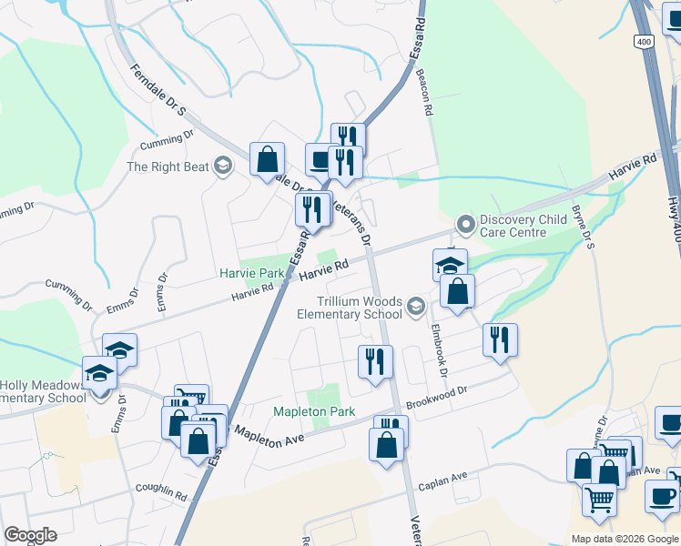 map of restaurants, bars, coffee shops, grocery stores, and more near 221 Harvie Road in Barrie