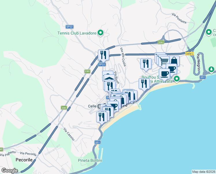 map of restaurants, bars, coffee shops, grocery stores, and more near 93 Via Federico Colla in Celle Ligure