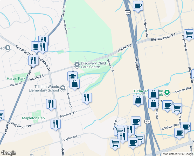 map of restaurants, bars, coffee shops, grocery stores, and more near 40 Megan Crescent in Barrie