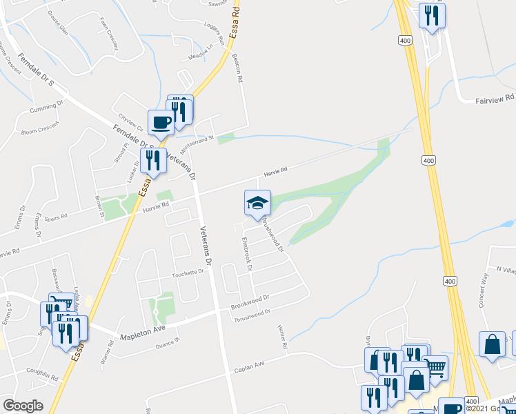 map of restaurants, bars, coffee shops, grocery stores, and more near 16 Thrushwood Drive in Barrie