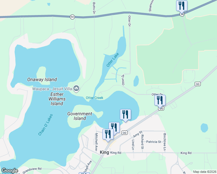 map of restaurants, bars, coffee shops, grocery stores, and more near E1724 Pine Ridge Lane in Waupaca