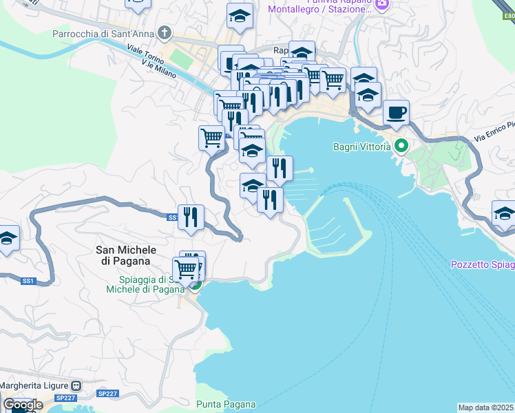 map of restaurants, bars, coffee shops, grocery stores, and more near 9 Via Privata Macera in Rapallo
