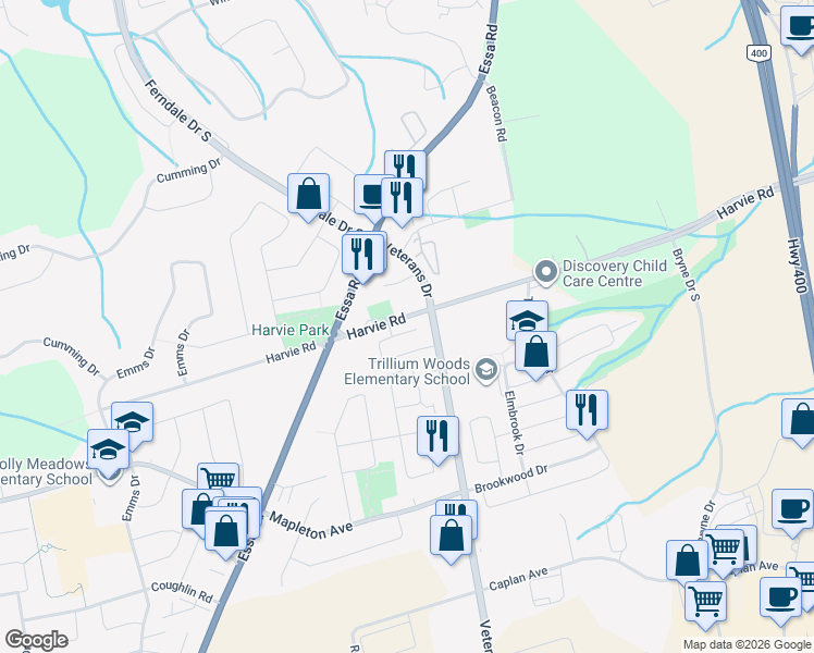 map of restaurants, bars, coffee shops, grocery stores, and more near in Barrie