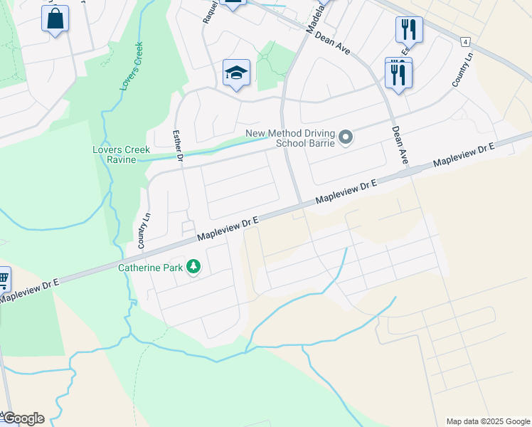 map of restaurants, bars, coffee shops, grocery stores, and more near 480 Mapleview Drive East in Barrie