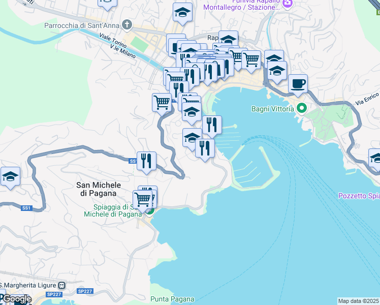 map of restaurants, bars, coffee shops, grocery stores, and more near 9 Via Macera in Rapallo