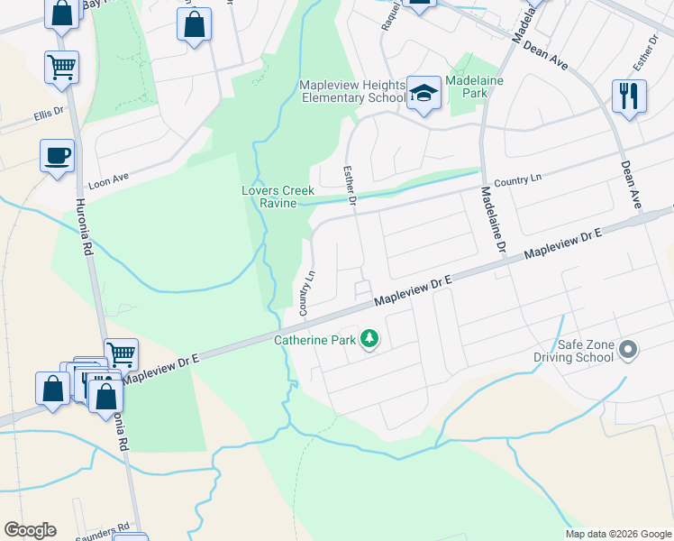 map of restaurants, bars, coffee shops, grocery stores, and more near Heritage Court in Barrie