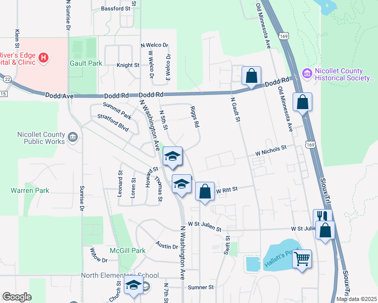 map of restaurants, bars, coffee shops, grocery stores, and more near 1703 Riggs Road in Saint Peter