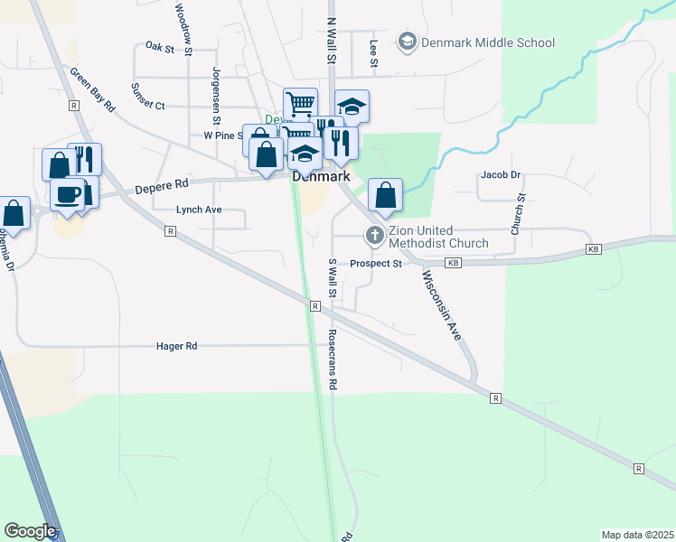 map of restaurants, bars, coffee shops, grocery stores, and more near 410 S Wall St in Denmark
