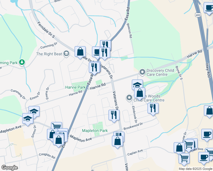 map of restaurants, bars, coffee shops, grocery stores, and more near 205 Harvie Road in Barrie