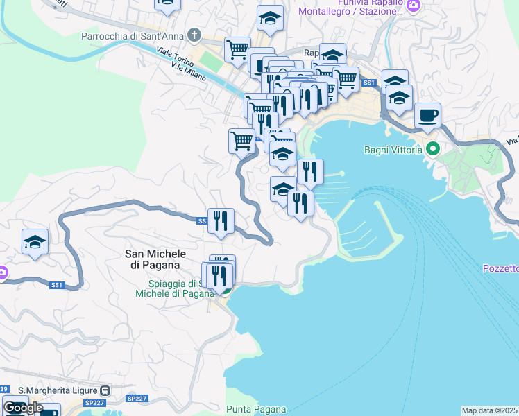 map of restaurants, bars, coffee shops, grocery stores, and more near 20 Via Ponte Annibale in Rapallo