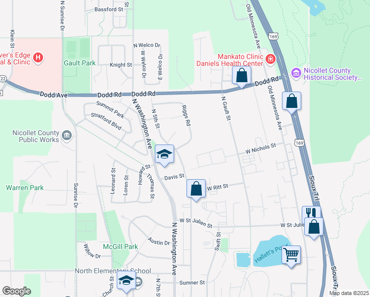 map of restaurants, bars, coffee shops, grocery stores, and more near 1703 Riggs Road in Saint Peter
