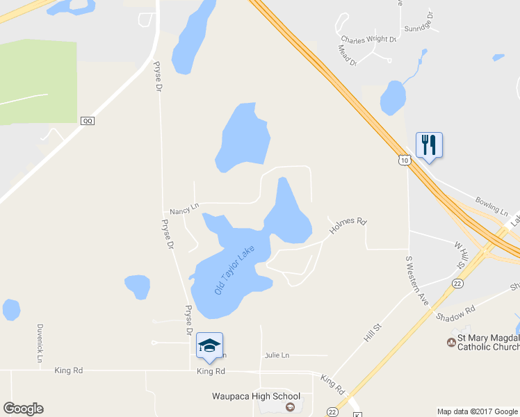 map of restaurants, bars, coffee shops, grocery stores, and more near E2309 Nancy Lane in Waupaca