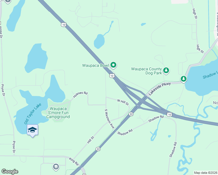 map of restaurants, bars, coffee shops, grocery stores, and more near 1245 South Western Avenue in Waupaca