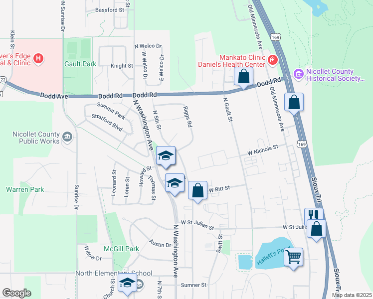 map of restaurants, bars, coffee shops, grocery stores, and more near 1703 Riggs Road in Saint Peter