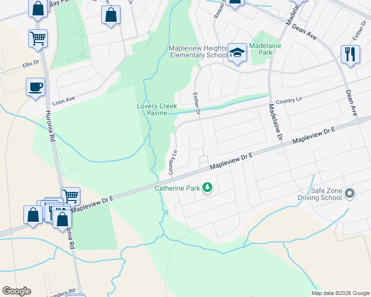 map of restaurants, bars, coffee shops, grocery stores, and more near 52 Heritage Court in Barrie