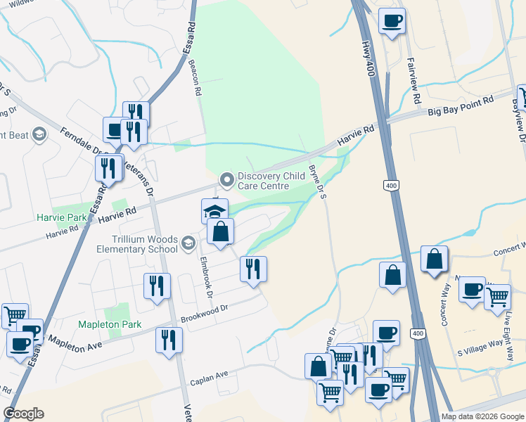 map of restaurants, bars, coffee shops, grocery stores, and more near 30 Megan Crescent in Barrie