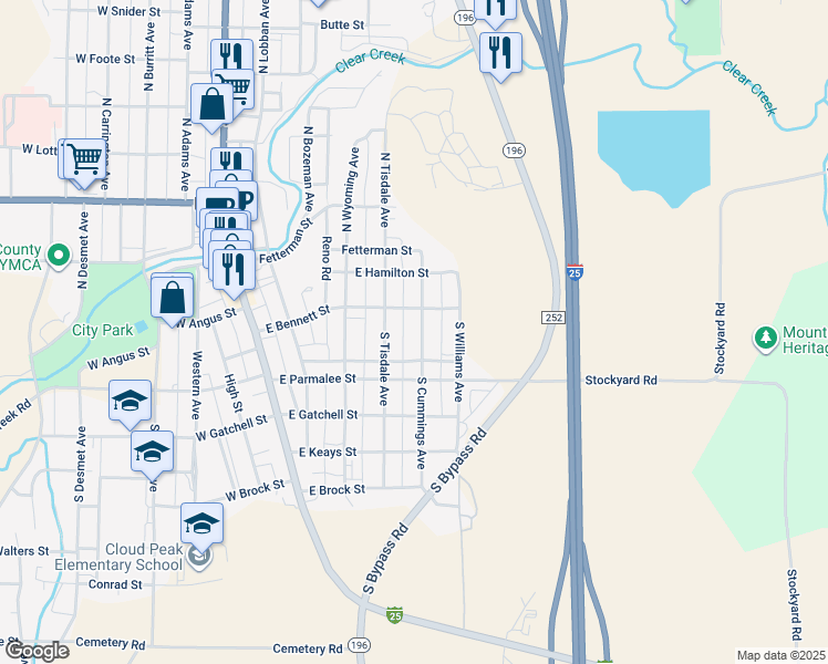 map of restaurants, bars, coffee shops, grocery stores, and more near 230 South Cummings Avenue in Buffalo