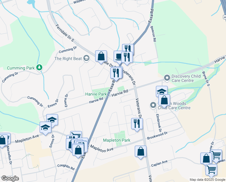 map of restaurants, bars, coffee shops, grocery stores, and more near 458 Essa Road in Barrie
