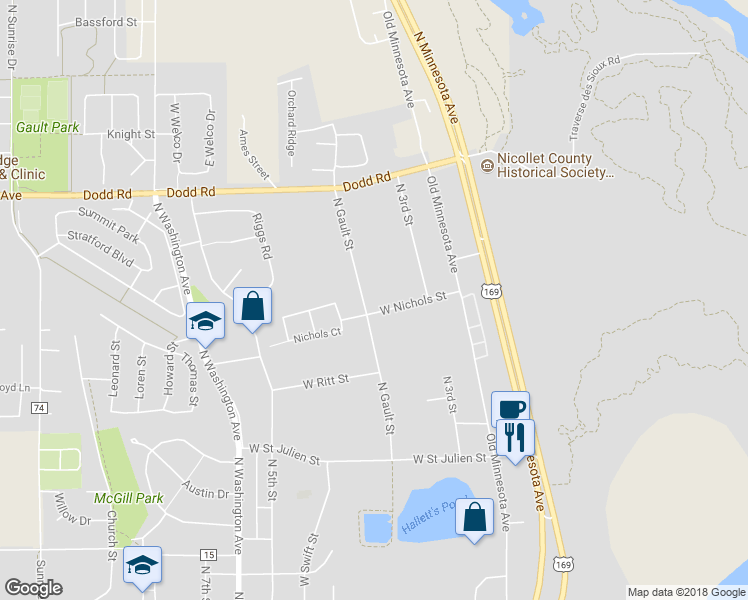 map of restaurants, bars, coffee shops, grocery stores, and more near 319 West Nichols Street in Saint Peter