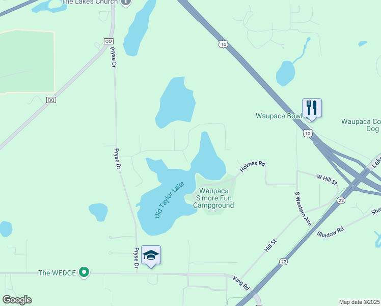 map of restaurants, bars, coffee shops, grocery stores, and more near E2309 Nancy Lane in Waupaca
