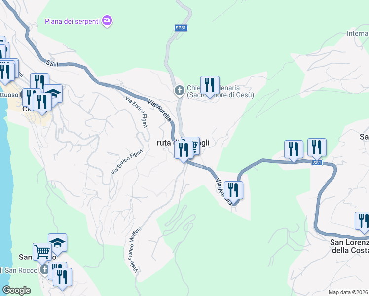 map of restaurants, bars, coffee shops, grocery stores, and more near 206 Strada Statale 1 Via Aurelia in Camogli