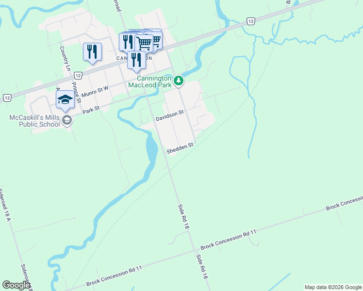 map of restaurants, bars, coffee shops, grocery stores, and more near 36 Shedden Street in Brock