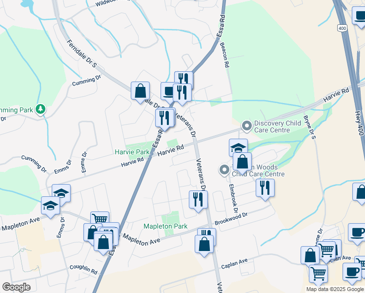 map of restaurants, bars, coffee shops, grocery stores, and more near Harvie Road in Barrie