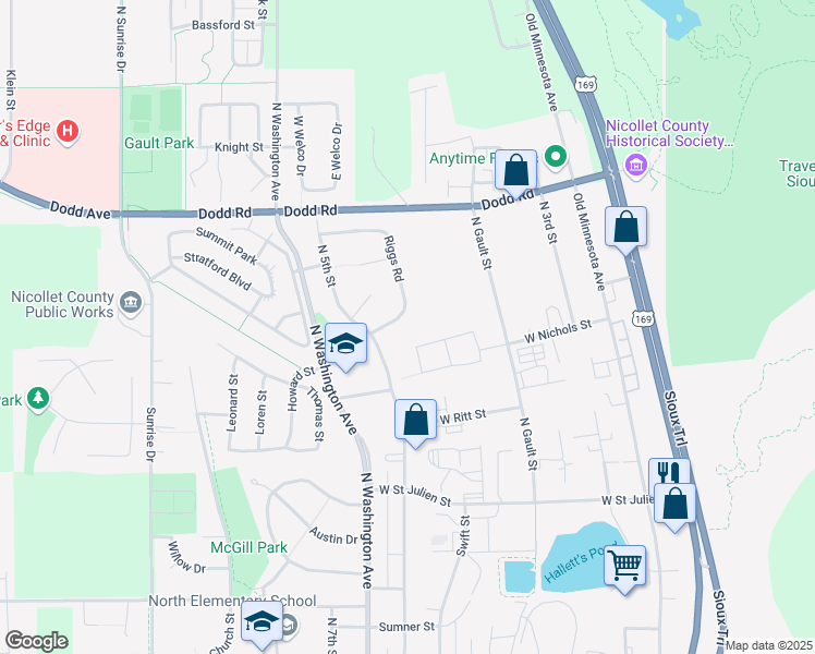 map of restaurants, bars, coffee shops, grocery stores, and more near 1703 Riggs Road in Saint Peter