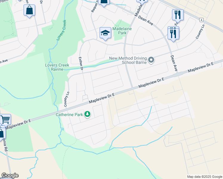 map of restaurants, bars, coffee shops, grocery stores, and more near Nathan Crescent in Barrie