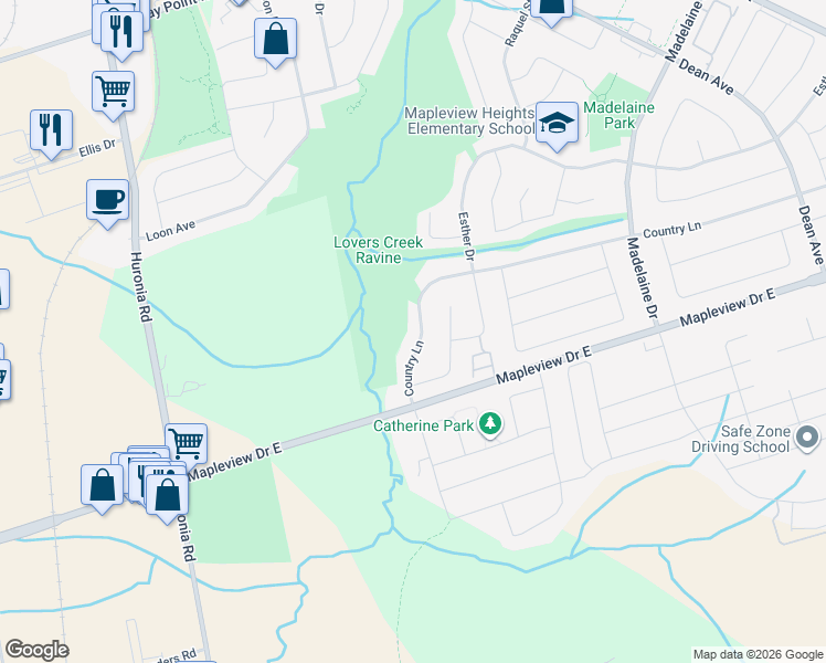 map of restaurants, bars, coffee shops, grocery stores, and more near 30 Country Lane in Barrie