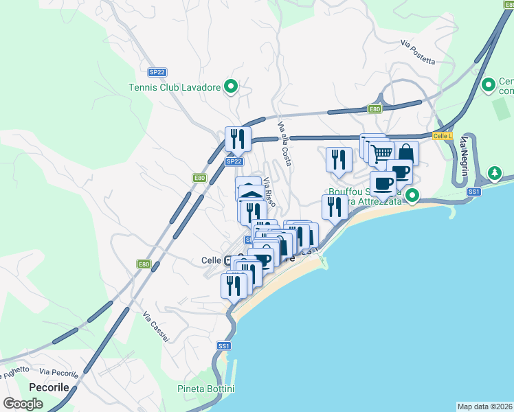 map of restaurants, bars, coffee shops, grocery stores, and more near 93 Via Federico Colla in Celle Ligure