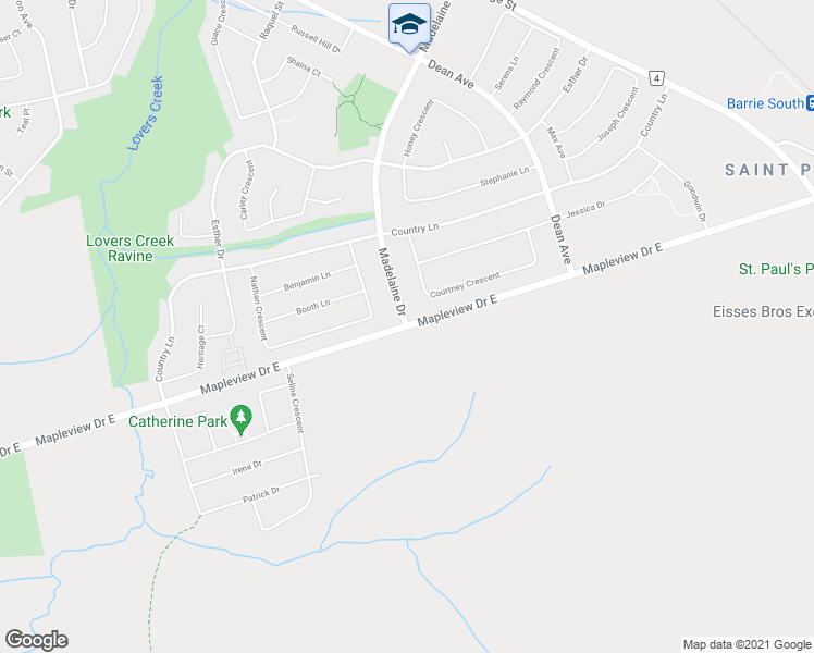 map of restaurants, bars, coffee shops, grocery stores, and more near Mapleview Dr E & Madelaine Dr in Barrie