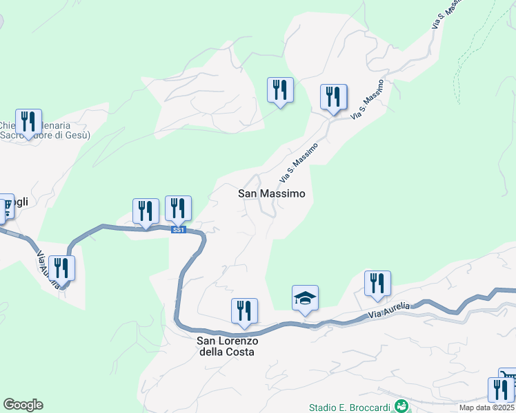 map of restaurants, bars, coffee shops, grocery stores, and more near 101 Via San Massimo in San Massimo