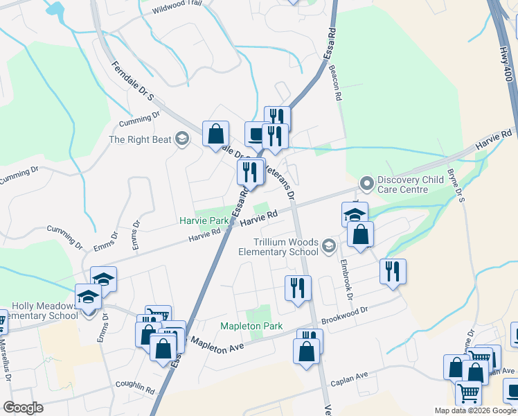map of restaurants, bars, coffee shops, grocery stores, and more near 14 Claudio Crescent in Barrie