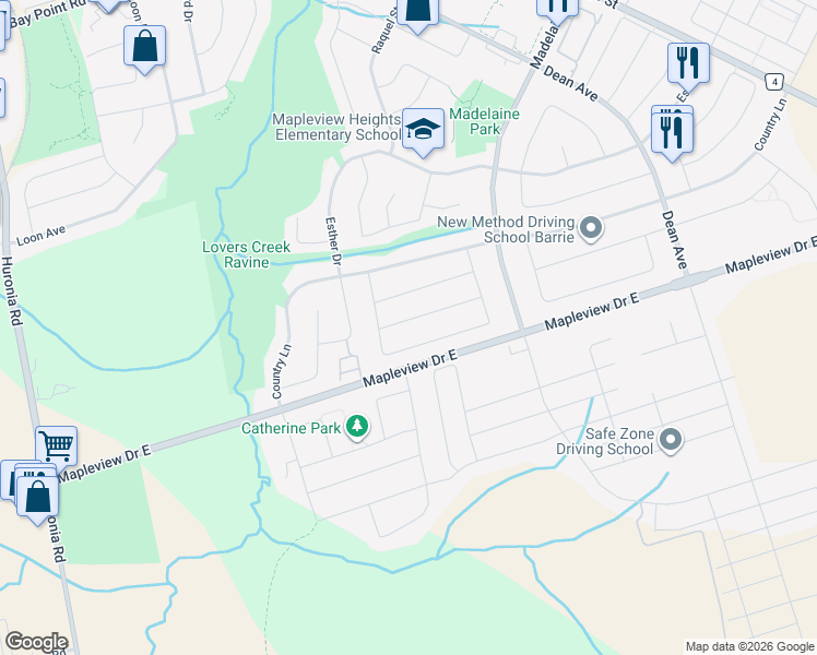 map of restaurants, bars, coffee shops, grocery stores, and more near 15 Booth Lane in Barrie