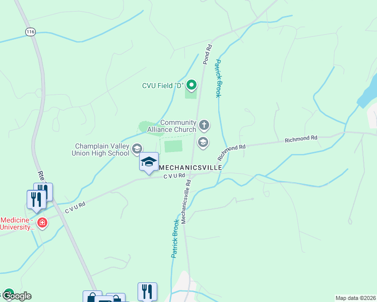 map of restaurants, bars, coffee shops, grocery stores, and more near 99 Pond Road in Hinesburg