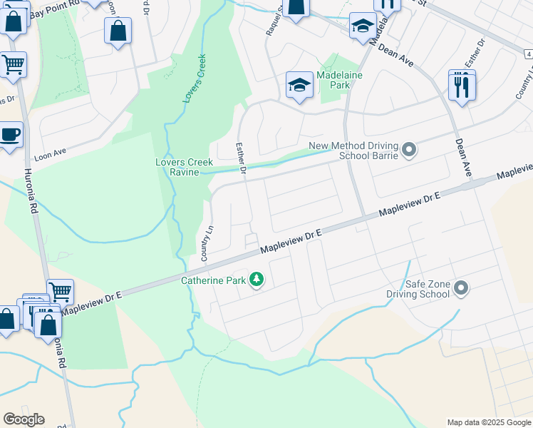 map of restaurants, bars, coffee shops, grocery stores, and more near 195 Nathan Crescent in Barrie