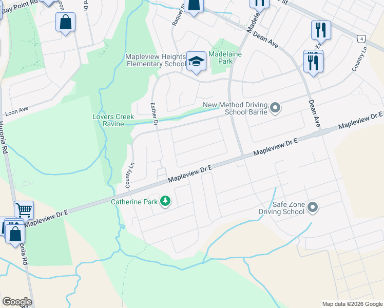 map of restaurants, bars, coffee shops, grocery stores, and more near 19 Booth Lane in Barrie