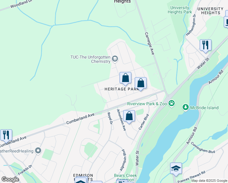 map of restaurants, bars, coffee shops, grocery stores, and more near 202 Farrier Crescent in Peterborough