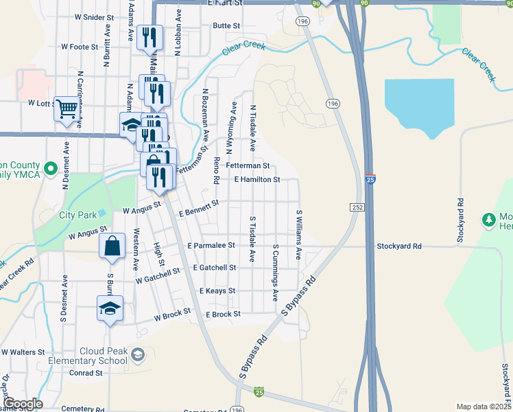 map of restaurants, bars, coffee shops, grocery stores, and more near 230 South Cummings Avenue in Buffalo