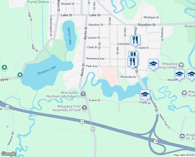 map of restaurants, bars, coffee shops, grocery stores, and more near 1317 Berlin Street in Waupaca