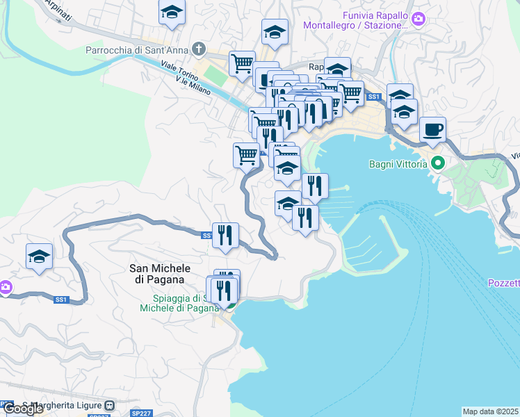map of restaurants, bars, coffee shops, grocery stores, and more near 20 Via Ponte Annibale in Rapallo