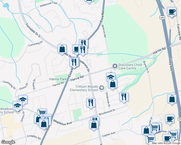 map of restaurants, bars, coffee shops, grocery stores, and more near in Barrie