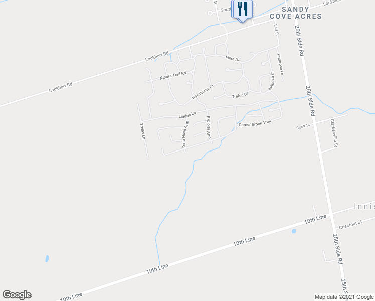 map of restaurants, bars, coffee shops, grocery stores, and more near 93 Corner Brook Trail in Innisfil