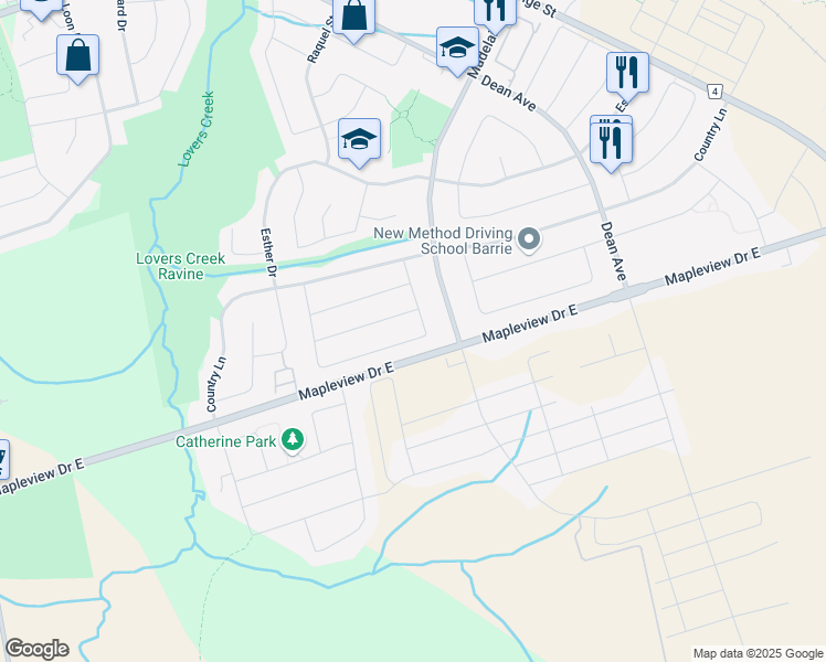 map of restaurants, bars, coffee shops, grocery stores, and more near 480 Mapleview Drive East in Barrie