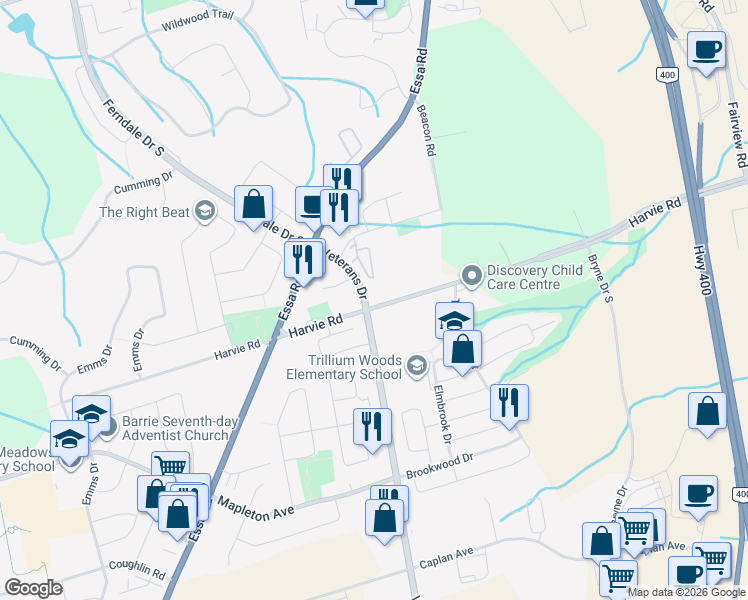 map of restaurants, bars, coffee shops, grocery stores, and more near 146 Harvie Road in Barrie